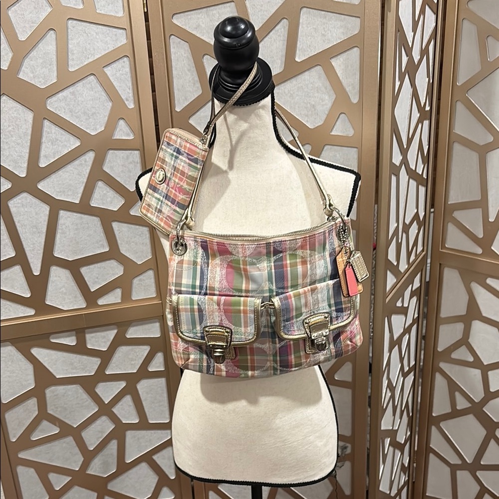 Coach Multicolor Plaid Shoulder Bag with Wristlet